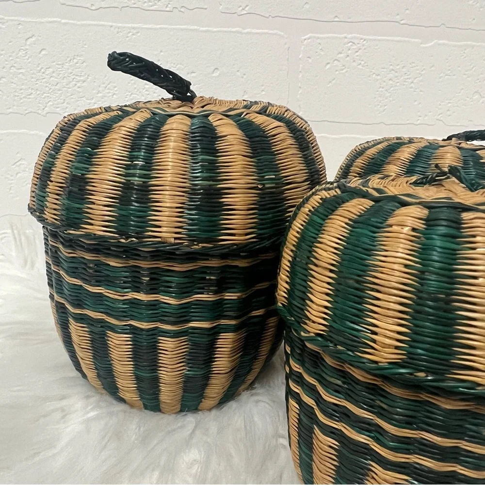 Vintage Bohemian Retro Cottagecore Rustic Striped Woven 3 Nesting Baskets